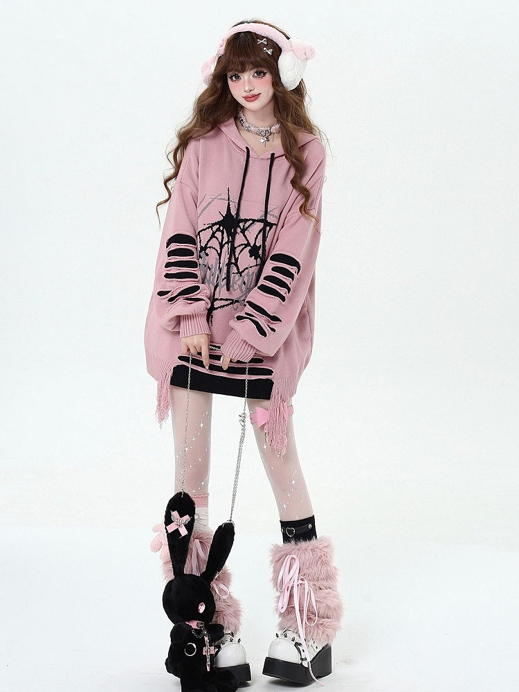 Pink Gothic Spiderweb Distressed Holes Hooded Sweater