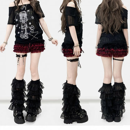 Black Off-the-shoulder Neckline Cartoon Girl Print Studs Details T-shirt