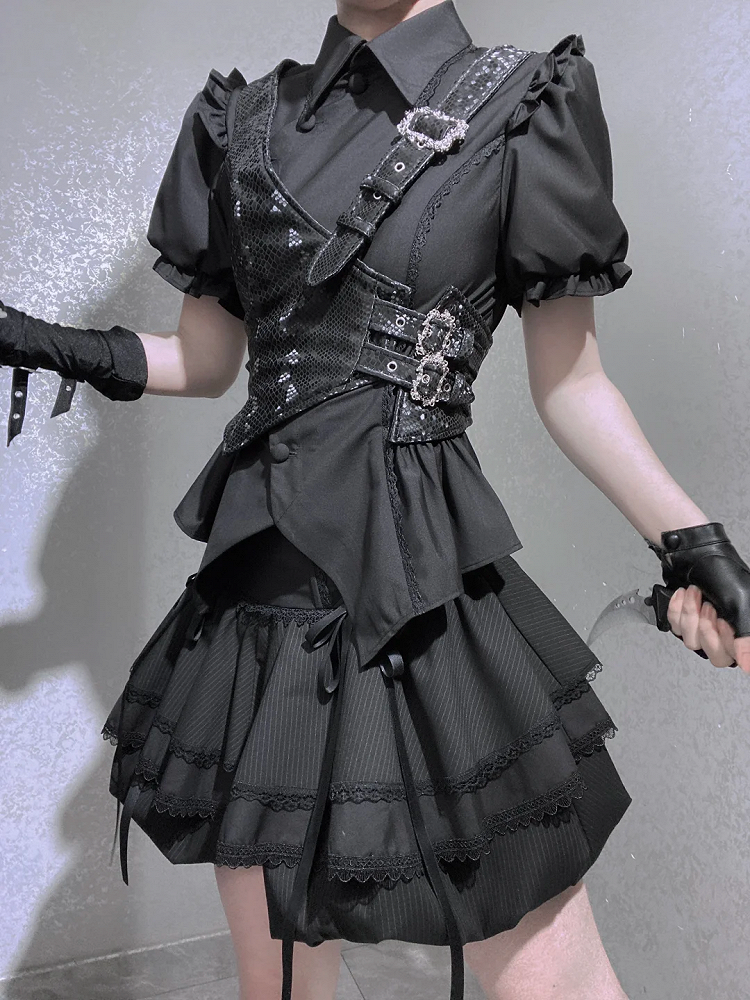 Black Asymmetrical Design Ouji Fashion Snakeskin-grain Leather Waistcoat