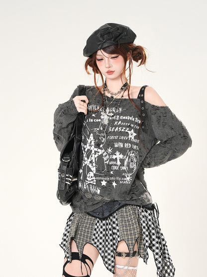 Asymmetrical Neckline Distressed Holes Black/White Graphic Coverup