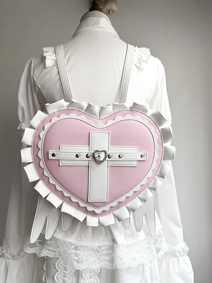 Jirai Kei Heart Backpack with Wings & Cross PU Leather in Black / Light Blue / Pink