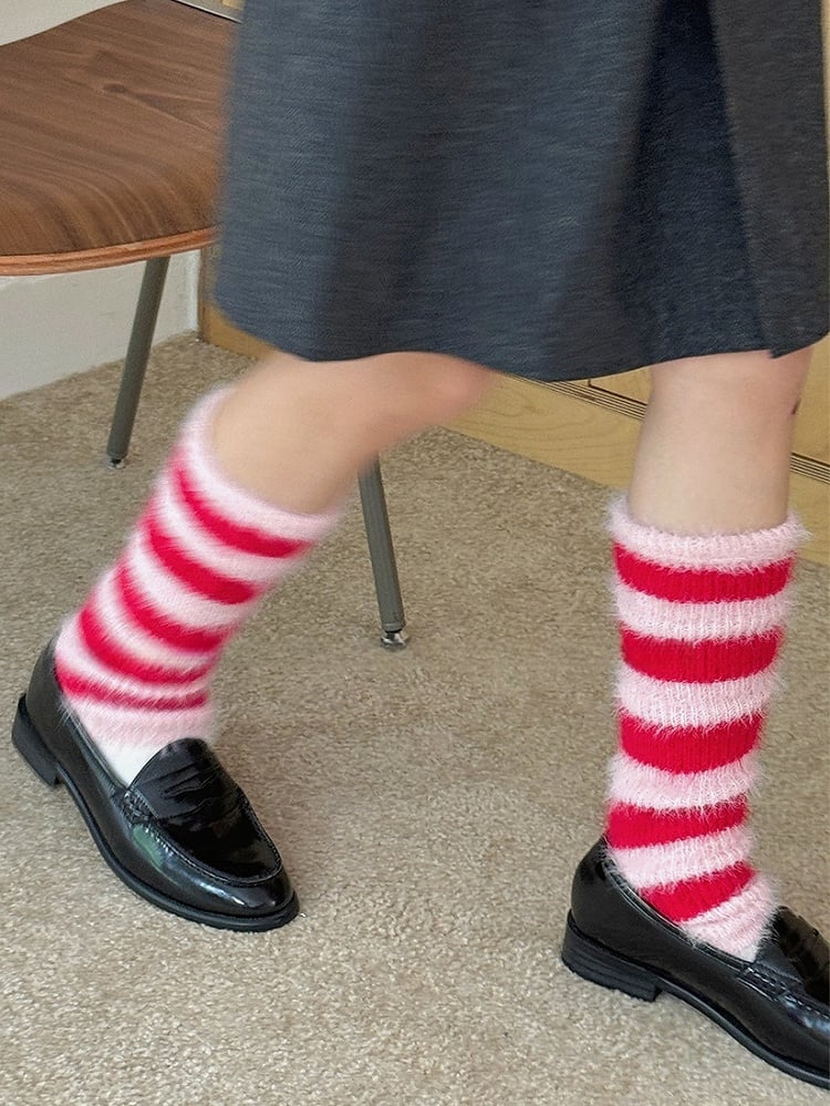 5 Options Y2K Striped Pattern Knitted Plush Leg Warmers