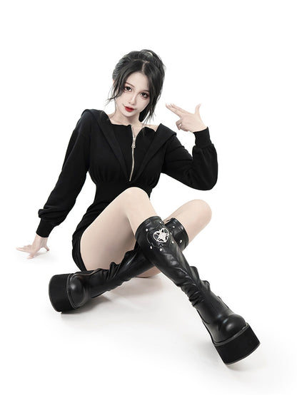 Heart Design Silver-tone Studs Black Punk Boots