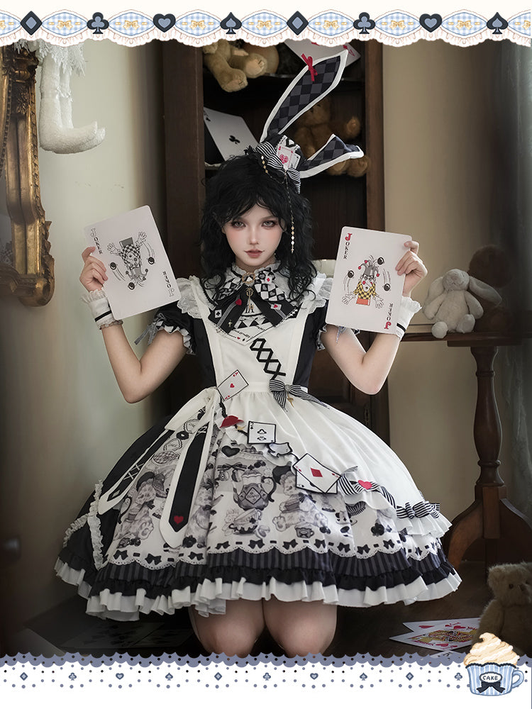 Alice in Wonderland Vibes Black and White Bunny and Teapot Print Apron Dress Sweet Lolita OP / Full Set