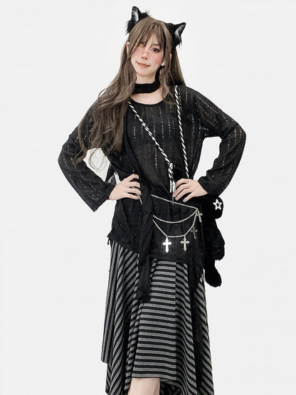 Black Cutout Detail Asymmetrical Hem Long Sleeves Top + Scarf