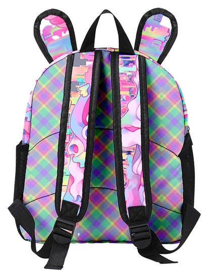 Pink Y2K Backpack with Cartoon Print and Bunny Ear Accents