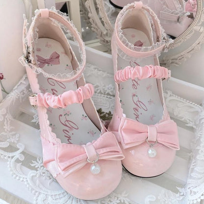 Pink Bowknot Heart Buckle Strap Lace Details Block Heel Lolita Mary Janes