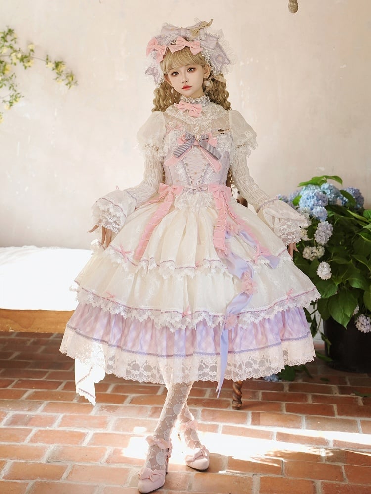Purple and Pink Boned Corset Top + Tiered Skirt Gorgeous Hime Lolita Full Set