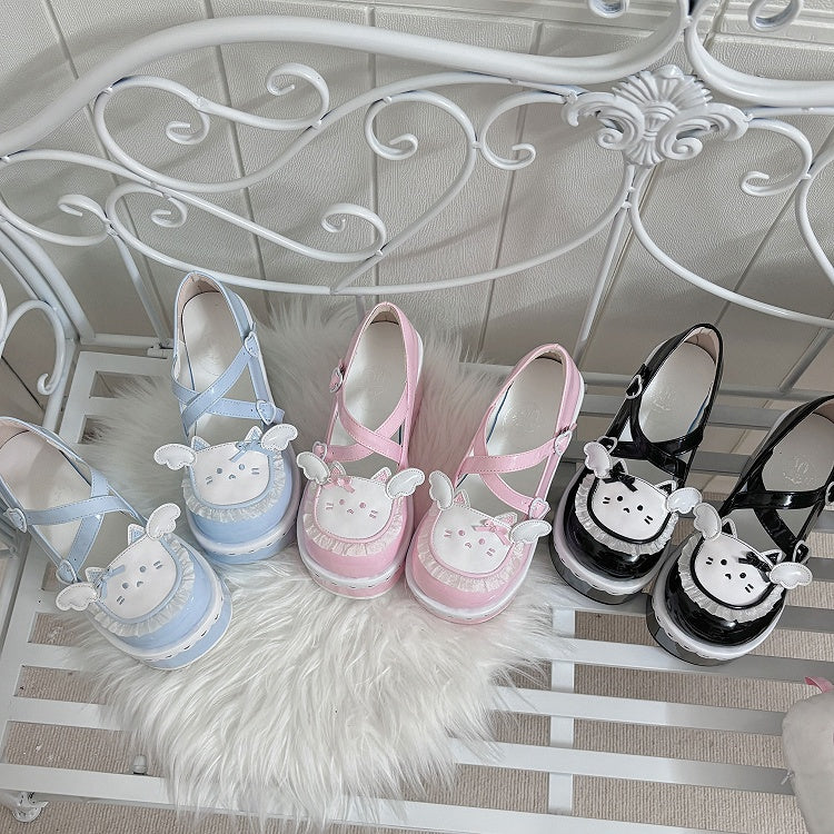 Tenshi Kaiwai Blue Round Toe Kitty Angel Heart Buckle Platform Lolita Shoes