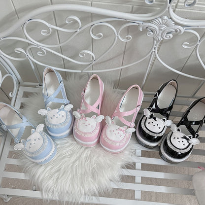 Tenshi Kaiwai Blue Round Toe Kitty Angel Heart Buckle Platform Lolita Shoes