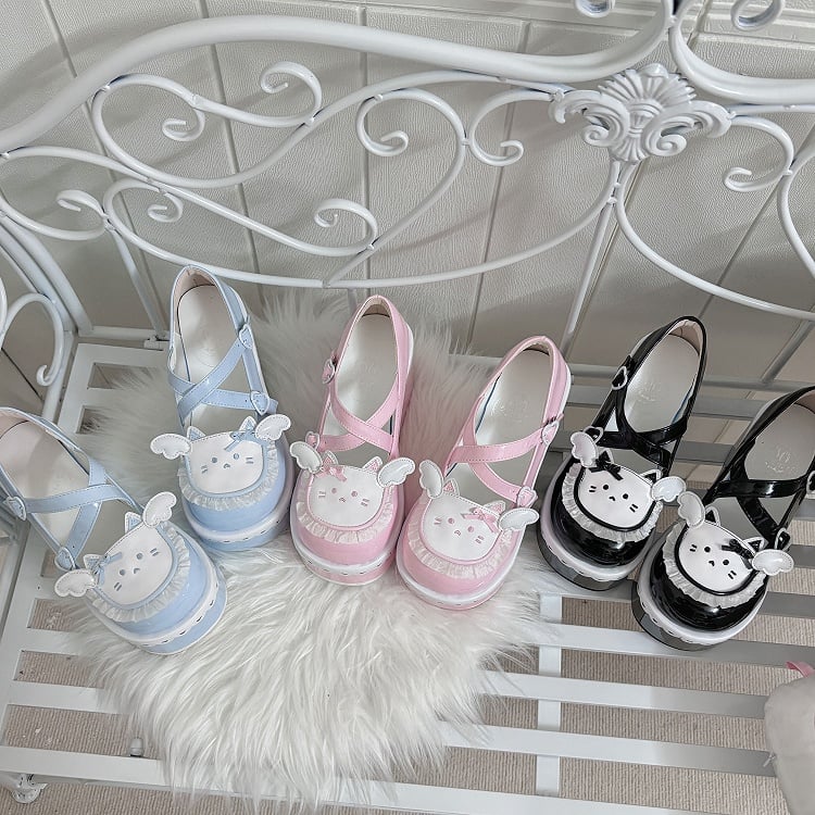 Black Round Toe Kitty Angel Heart Buckle Platform Lolita Shoes