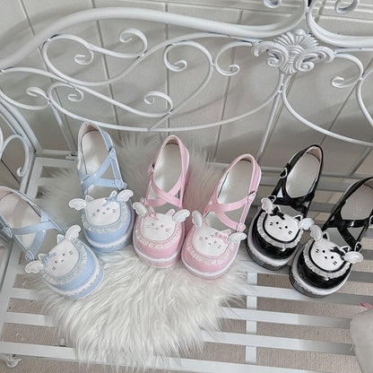 Black Round Toe Kitty Angel Heart Buckle Platform Lolita Shoes