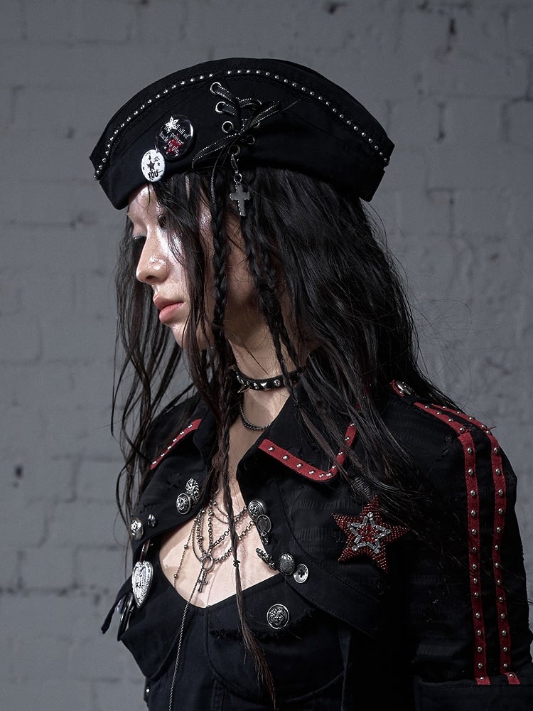 Black/White Navycore Lace-up Detail Cross Charm Punk Studded Sailor Hat