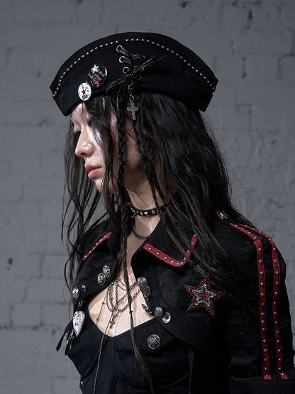 Black/White Navycore Lace-up Detail Cross Charm Punk Studded Sailor Hat