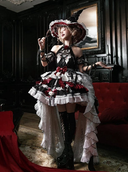 Black and Red Halter Neck Little Witch Lolita Backless Dress + High-low Skirt Full Set