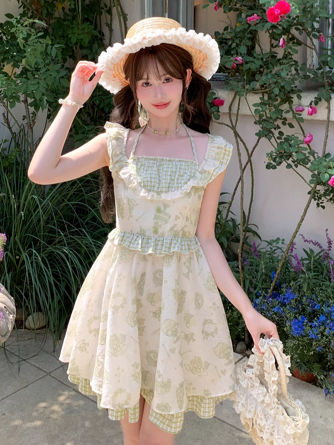 Light Green Plaid Flutter Sleeves Cartoon Print Mori Kei Halter Dress