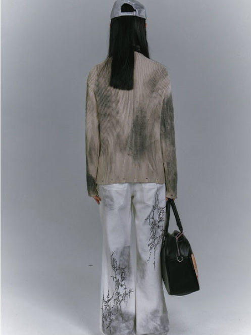 Wasteland Punk Khaki Two-Way Zip Placket Distressed Knitted Sweater