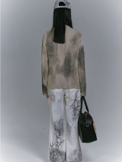 Wasteland Punk Khaki Two-Way Zip Placket Distressed Knitted Sweater