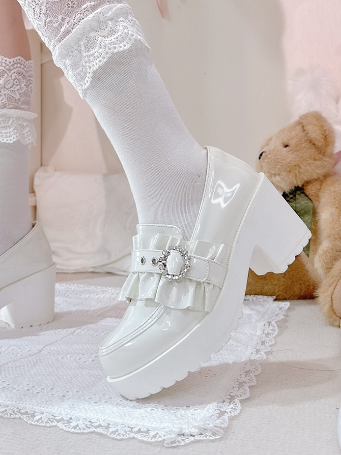 PU Leather Polished White Jirai Kei 7.5cm High Heels with Rhinestone Bead Bow, Ruffles Edging & Slip-On Comfort