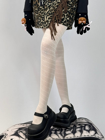White Striped Pattern Tights