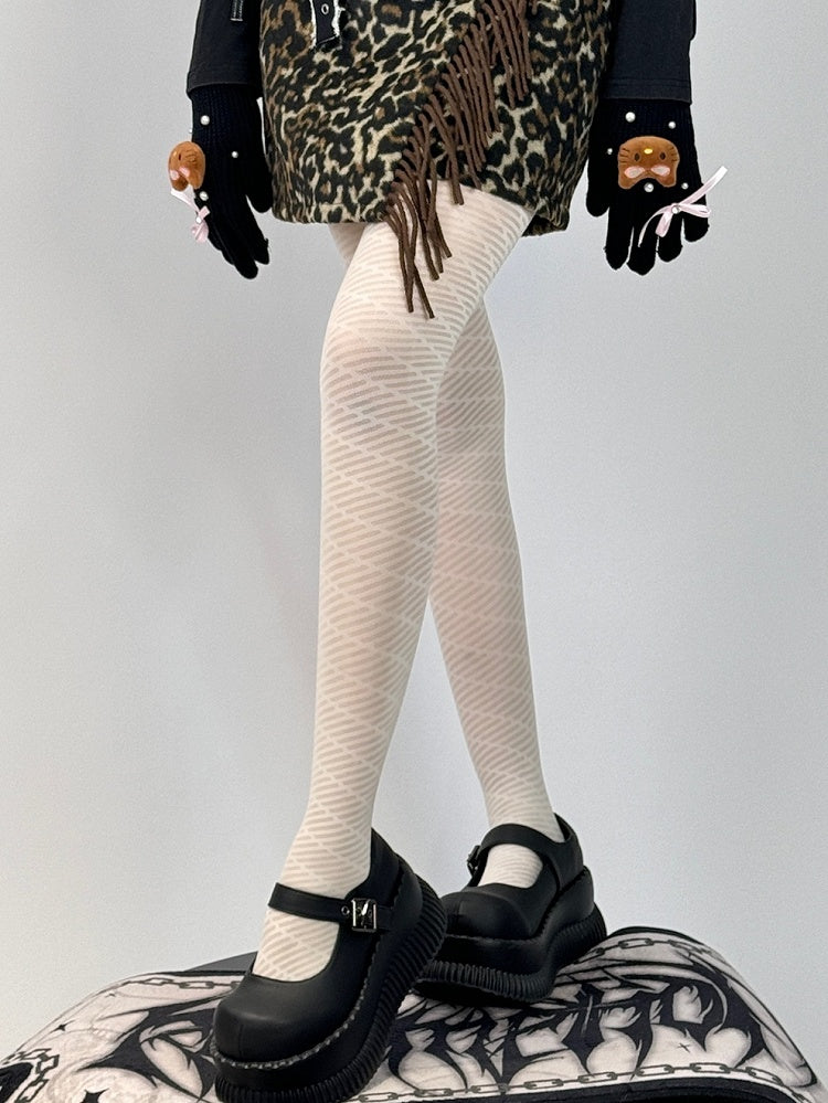 White Striped Pattern Tights