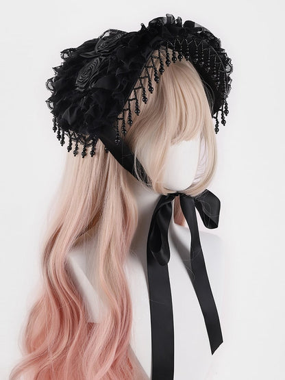 Rosette Design Gothic Black Beads Tassels Halloween Hat