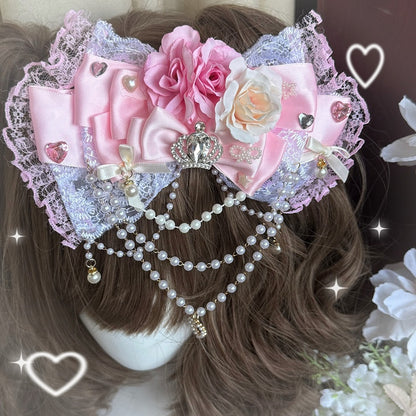 Pink Rhinestone Crown Decorated Beaded Charm Floral Design Bowknot Hairclip