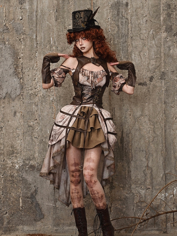Brown PU Leather Vintage Steampunk Waistcoat Detachable Birdcage
