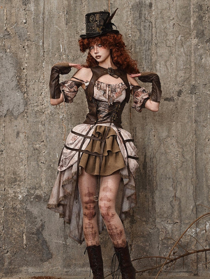 Brown PU Leather Vintage Steampunk Waistcoat Detachable Birdcage