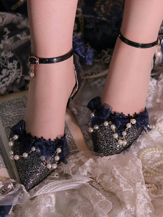 Dark Blue Beaded Chain Pointed Toe Hime Lolita Middle Heels