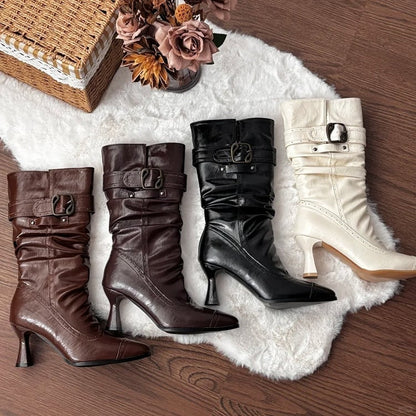Foldable Boot Top with Stacked Design & Buckle Details PU Beige Pointed Toe High-heel Boots in Elegant Lolita