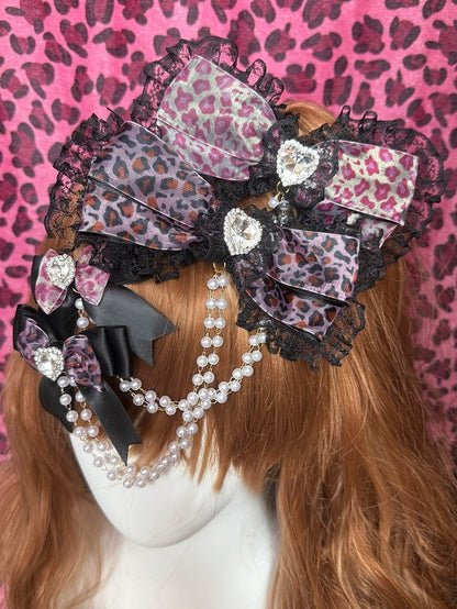 Two Black&Dark/Light Pink Rhinestone Heart Decorated Bead Chain Bowknot Hairclips