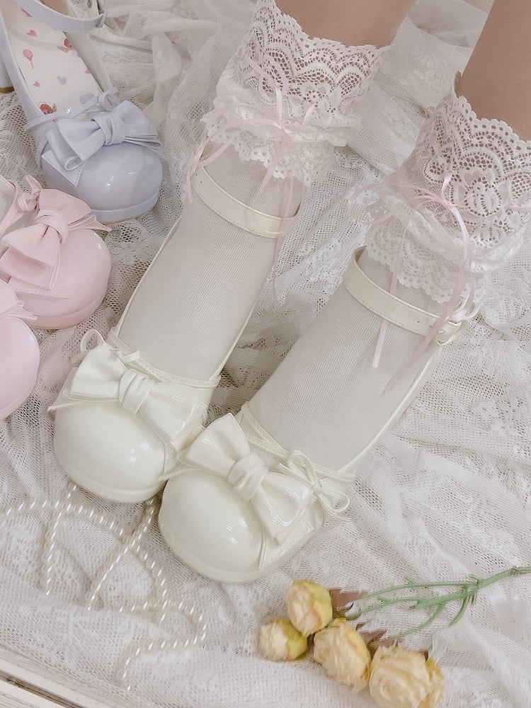 Bow at Top White Round Toe Sweet Mary Janes Ankle Strap