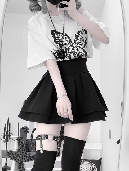 Broken Butterfly Print Lace-up Side Black/White Jirai Kei T-shirt