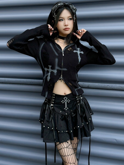 Gothic Punk Black Cross Applique Stud Accents Lace-up Detail Skirt