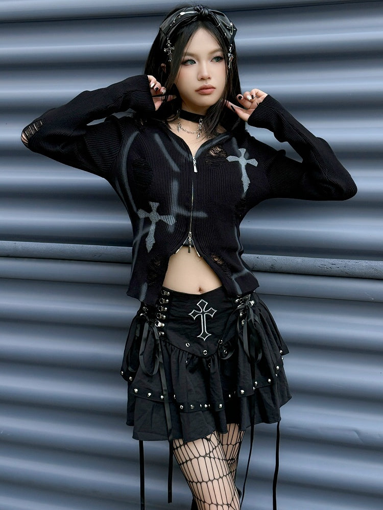 Gothic Punk Black Cross Applique Stud Accents Lace-up Detail Skirt