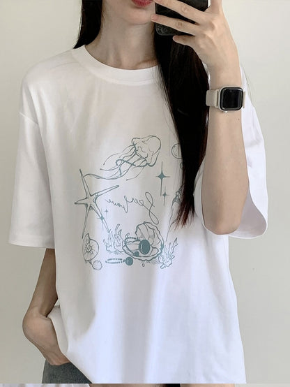 Seashell and Jellyfish Print White Round Neck T-shirt Regular/Short Version