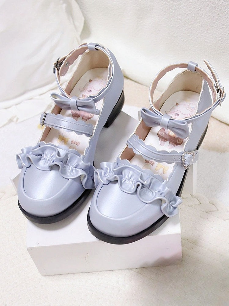 Blue Ruffles Trim Bowknot Decorated Heart Buckles Lolita Shoes