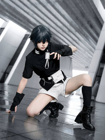 Black Ouji Fashion Futuristic Techwear High Neck Short Sleeves Top