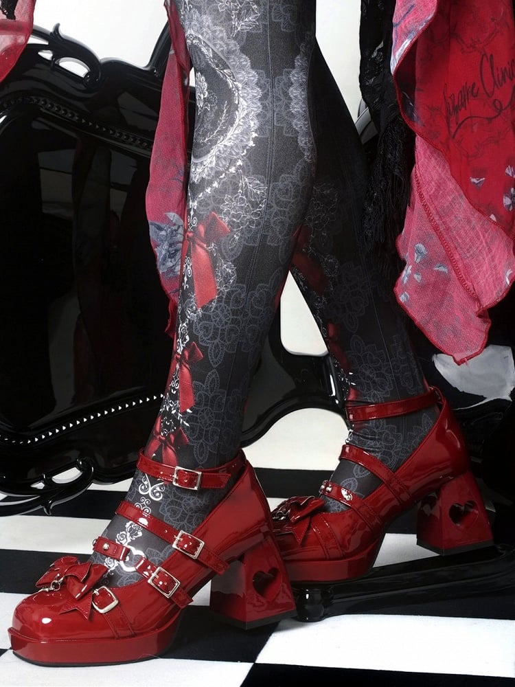 Gothic Wings Bow Wine Red Heart Hollowed Block Heels Punk Shoes