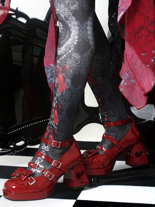 Gothic Wings Bow Wine Red Heart Hollowed Block Heels Punk Shoes