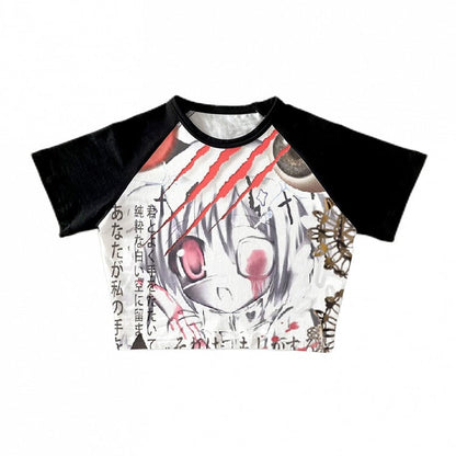 Colorful Cartoon Girl Print Cropped T-shirt Yami Kawaii Top