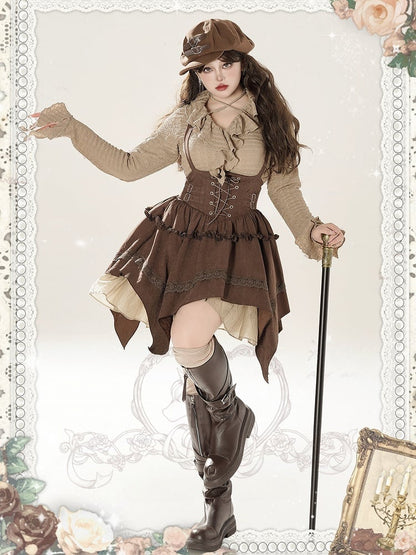 Plus Size Self-tie Straps Khaki V-neck Long Sleeves Top