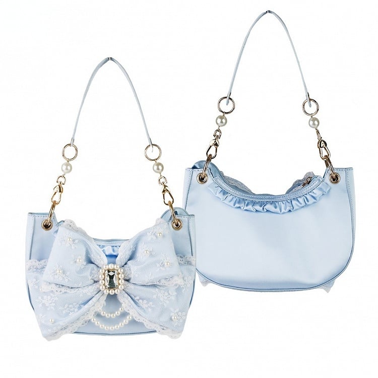 Blue Sweet Lolita Underarm Bag in Satin with Dazzling Bead and Crystal Bow