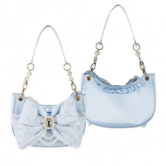 Blue Sweet Lolita Underarm Bag in Satin with Dazzling Bead and Crystal Bow