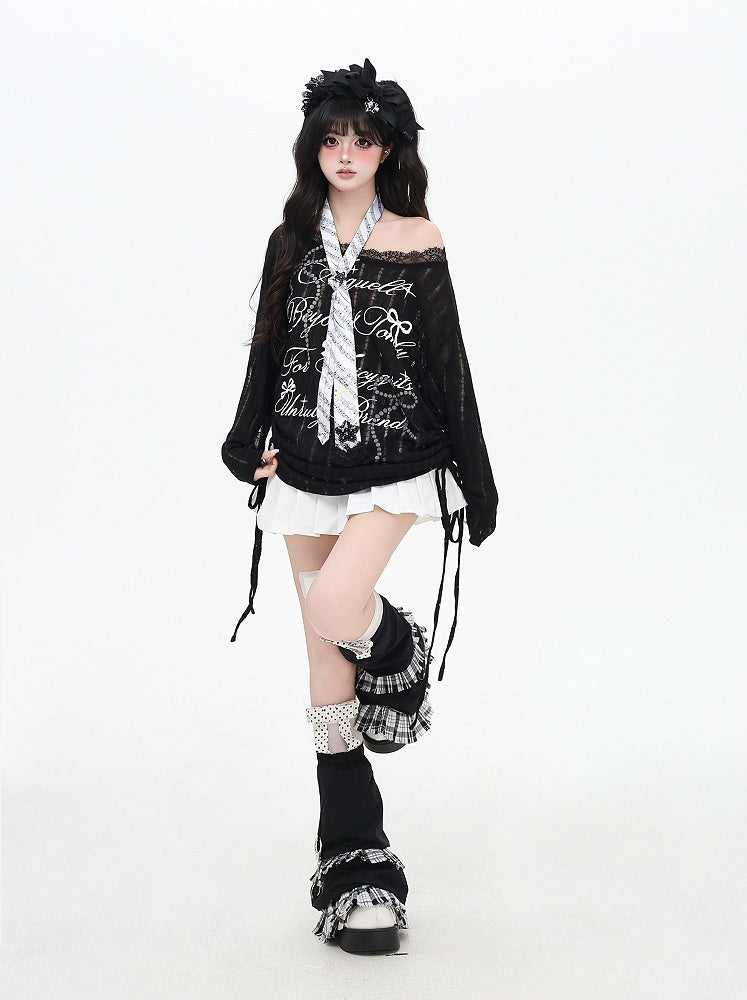 Black/White Asymmetrical Neckline Bow Print Distressed Holes Coverup