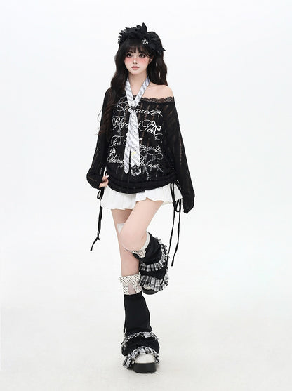 Black/White Asymmetrical Neckline Bow Print Distressed Holes Coverup