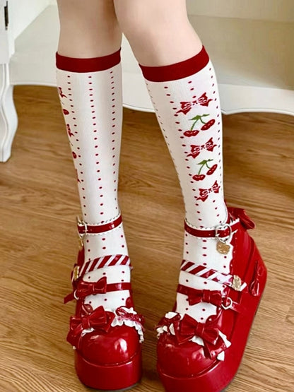 Red Cherry Print Polka-dot Pattern Lolita White Calf Socks