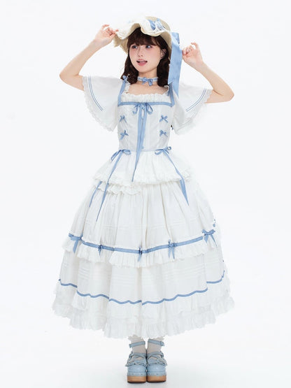 Plus Sizes Available Blue and White Classic Lolita Cotton Dress with Detachable Butterfly Sleeves