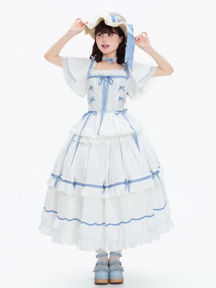 Plus Sizes Available Blue and White Classic Lolita Cotton Dress with Detachable Butterfly Sleeves